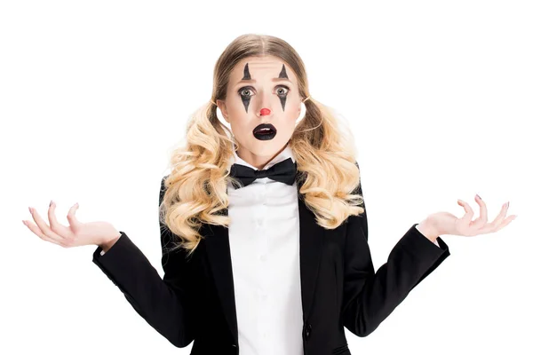 Blond Kvinnlig Clown Visar Axelryckning Gest Isolerad Vit — Stockfoto