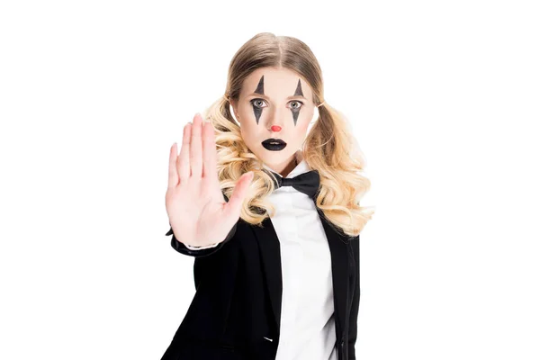 Blonde Female Clown Showing Stop Gesture Isolated White — Stock Photo, Image