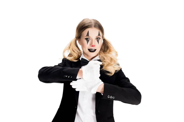 Cheerful Female Clown Showing Trick Suit Isolated White — Stock Photo, Image