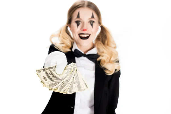 Smiling Clown Blonde Hair Holding Dollar Banknotes Isolated White — Stock Photo, Image