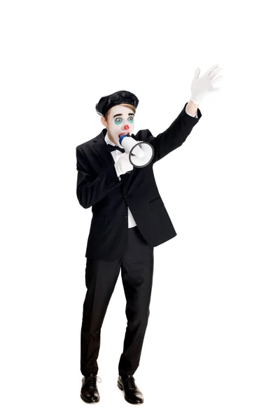 Boos Clown Pak Zwarte Baret Schreeuwen Megafoon Geïsoleerd Wit — Stockfoto