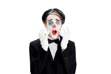frightened clown wearing white gloves suit abnd black beret isolated on white  clipart