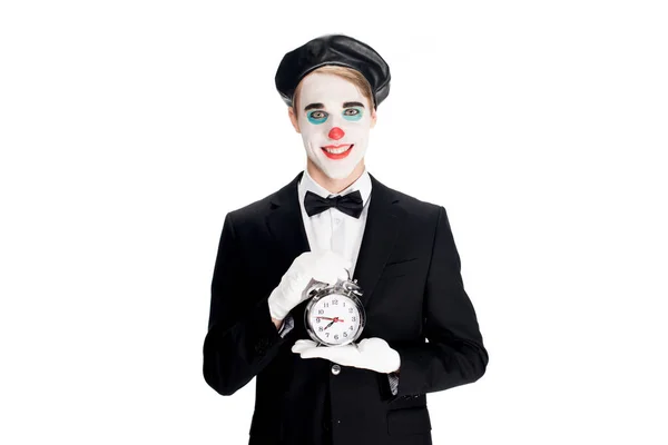 Happy Clown Holding Alarm Clock Hands Isolated White — Stock Photo, Image