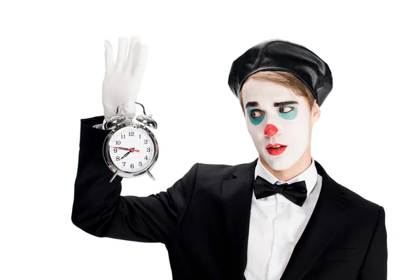 Clown Suit Black Beret Looking Alarm Clock Isolated White — Stock Photo, Image