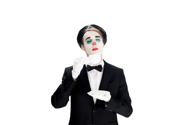 Clown Standing Suit Smelling Cup Coffee Isolated White — Stock Photo, Image