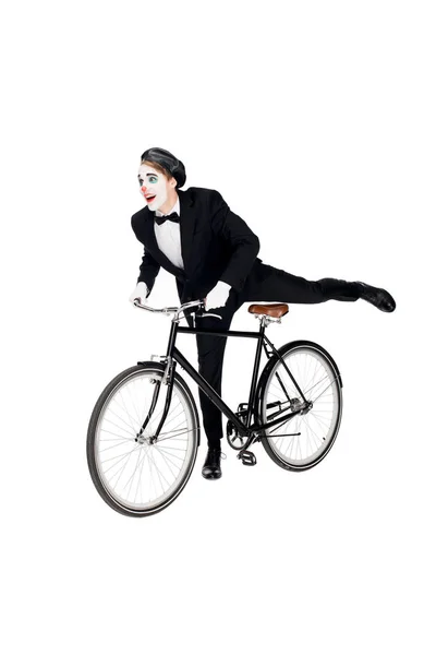 Cheerful Clown Suit Riding Bicycle Isolated White — Stock Photo, Image