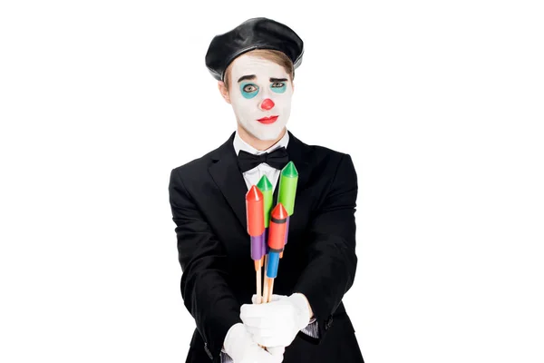 Clown Suit Holding Firecrackers Isolated White — Stock Photo, Image