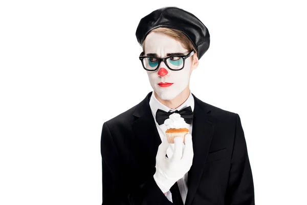 Clown Suit Glasses Holding Tasty Cupcake Isolated White — Stock Photo, Image