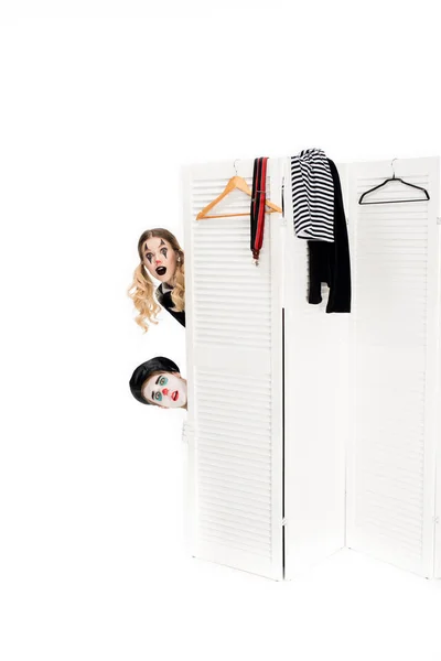 Surprised Clowns Looking Out Dressing Room Door Isolated White — Stock Photo, Image