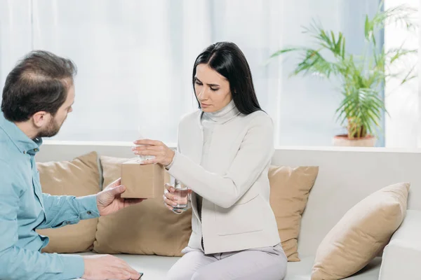 Psychotherapist Clipboard Giving Paper Tissues Upset Young Patient Glass Water — Stock Photo, Image