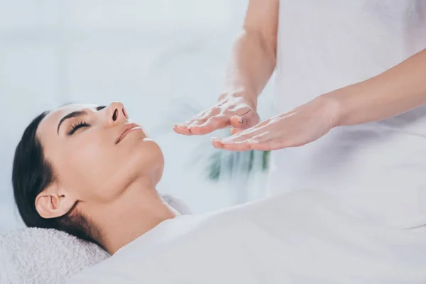 Cropped Shot Peaceful Young Woman Closed Eyes Receiving Healing Treatment — Stock Photo, Image