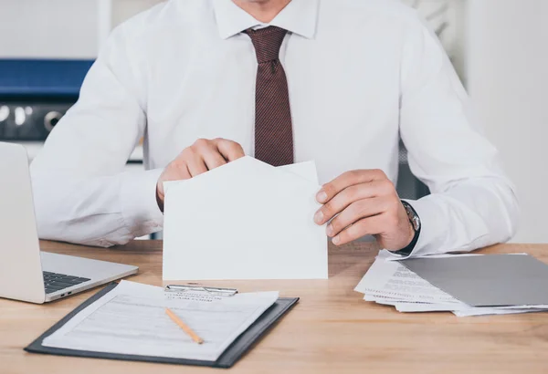 Cropped View Businessman Opening Envelope Office Compensation Concept — Stock Photo, Image