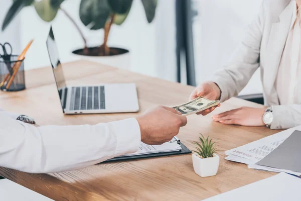 Cropped View Businessman Giving Money Woman Workplace Compensation Concept — Stock Photo, Image