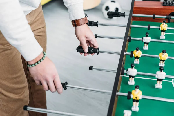 Cropped View Man White Sweatshirt Brown Jeans Playing Table Football — Stock Photo, Image