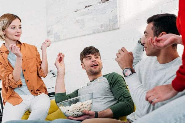 Multicultural Friends Having Fun While Throwing Popcorn Each Other — Stock Photo, Image