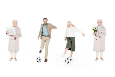 Emekliler ile kadın çiçek ve üzerinde beyaz izole gazete yakınındaki futbol oynarken kolaj