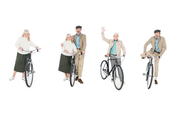 Collage Von Fröhlichen Rentnern Die Isoliert Auf Weißen Fahrrädern Stehen — Stockfoto