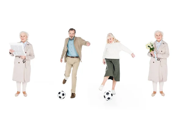 Collage Pensionistas Jugando Fútbol Cerca Mujeres Con Flores Periódico Aislado — Foto de Stock