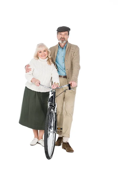 Cheerful Pensioner Hugging Wife While Holding Bicycle Isolated White — Stock Photo, Image