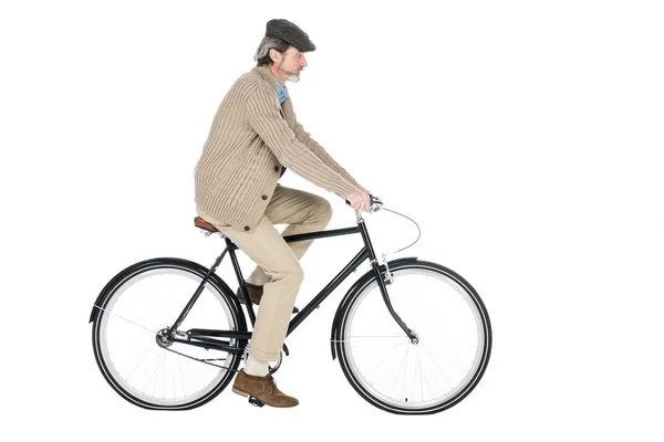 Cheerful Pensioner Riding Bicycle Isolated White — Stock Photo, Image