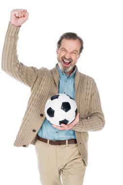 futbol beyaz izole tutarken zaferini kutluyor mutlu komuta sizde