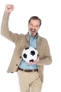 happy senior man celebrating victory while holding football isolated on white clipart
