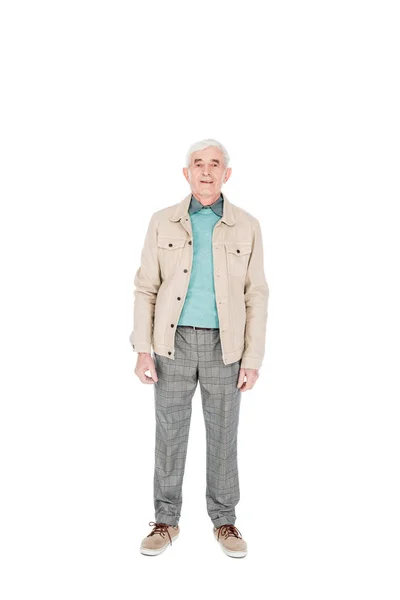Happy Senior Man Smiling While Standing Isolated White — Stock Photo, Image