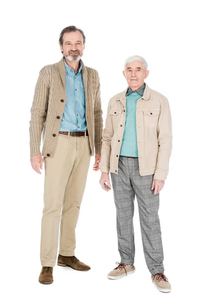 Cheerful Retired Friends Standing Smiling Isolated White — Stock Photo, Image