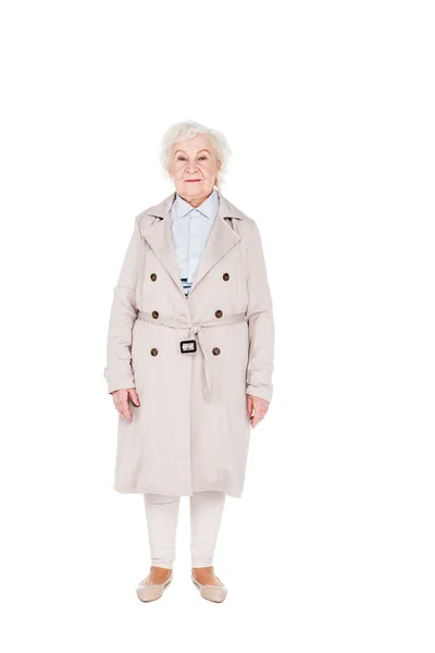 Cheerful Senior Woman Standing Isolated White — Stock Photo, Image