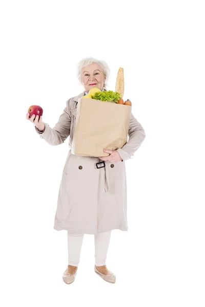 Mujer Feliz Con Pelo Gris Sosteniendo Manzana Bolsa Papel Con — Foto de Stock