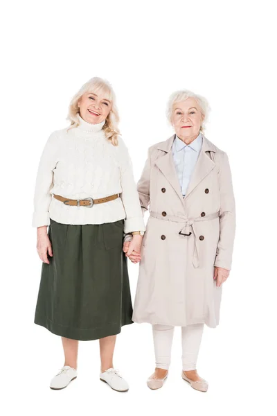 Cheerful Retired Women Holding Hands Isolated White — Stock Photo, Image