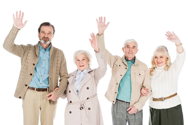 Glada Pensionärer Viftande Händer Isolerad Vit — Stockfoto