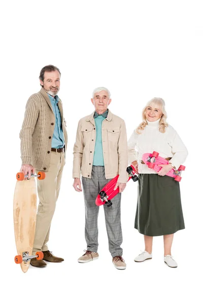 Cheerful Pensioners Holding Skateboards Smiling Isolated White — Stock Photo, Image