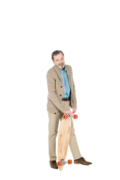 Cheerful Senior Man Holding Skateboard Isolated White — Stock Photo, Image