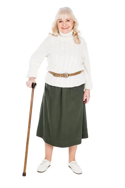 Χαρούμενος Συνταξιούχος Γυναίκα Στέκεται Περπάτημα Από Ζαχαροκάλαμο Που Απομονώνονται Λευκό — Φωτογραφία Αρχείου