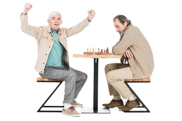 Cheerful Retired Man Celebrating Victory Playing Chess Friend Isolated White — Stock Photo, Image