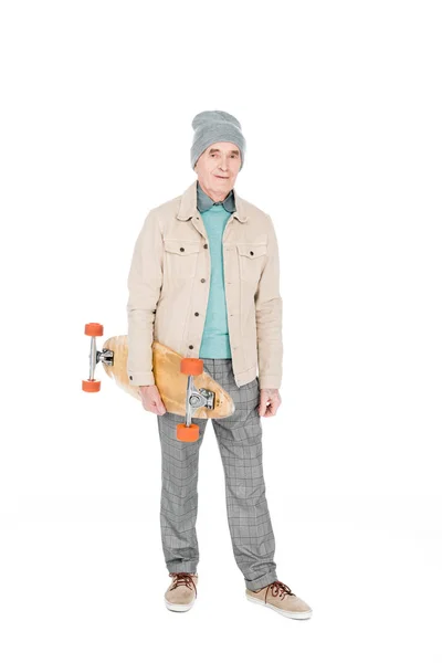 Stylish Retired Man Holding Skateboard Hand Isolated White — Stock Photo, Image