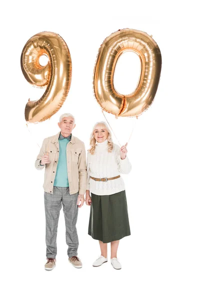 Glada Senior Par Hålla Ballonger Isolerad Vit — Stockfoto