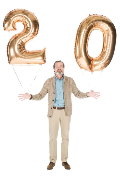 Lachende Senior Man Met Ballonnen Geïsoleerd Wit — Stockfoto