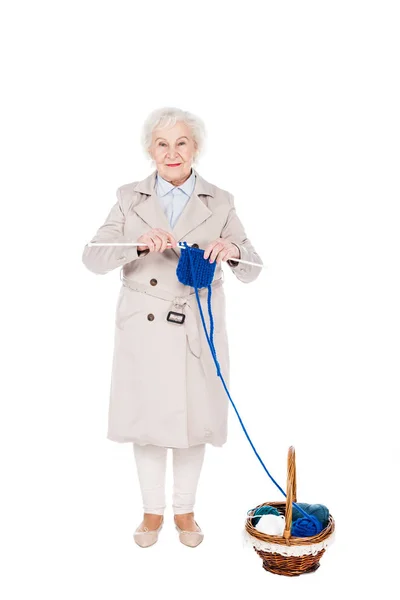 Cheerful Senior Woman Standing Knitting Isolated White — Stock Photo, Image