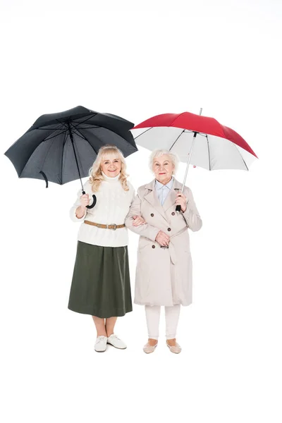 Cheerful Women Standing Umbrellas Isolated White — Stock Photo, Image