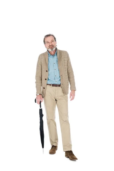 Homem Alegre Segurando Guarda Chuva Mão Isolado Branco — Fotografia de Stock