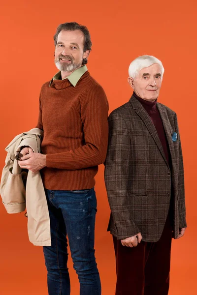 Trendy Cheerful Retired Men Standing Isolated Orange — Stock Photo, Image