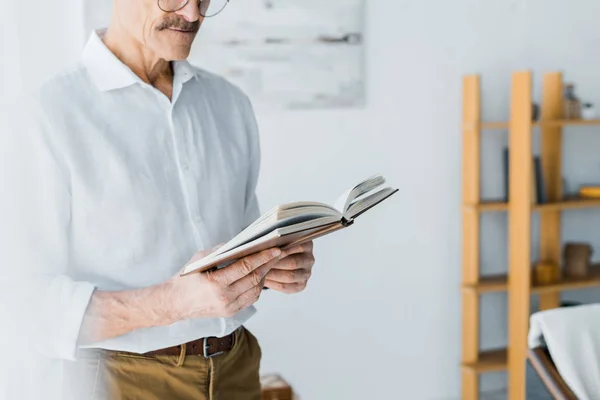 Περικοπεί Θέα Ανώτερος Άνθρωπος Στέκεται Και Διαβάζοντας Βιβλίο Στο Σπίτι — Φωτογραφία Αρχείου