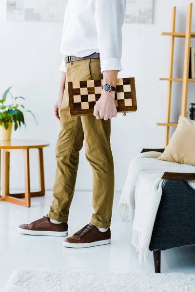 Cropped View Senior Man Holding Chess Board Home — Stock Photo, Image