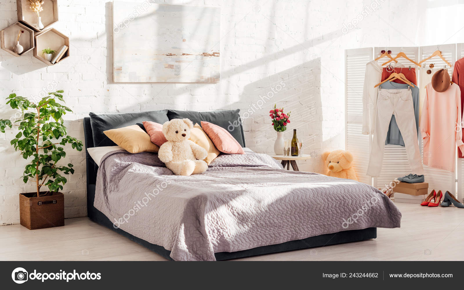 Modern Interior Design Bedroom Teddy Bear Toys Pillows