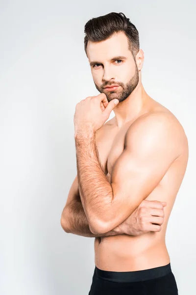 Guapo Barbudo Sin Camisa Hombre Posando Aislado Gris — Foto de Stock