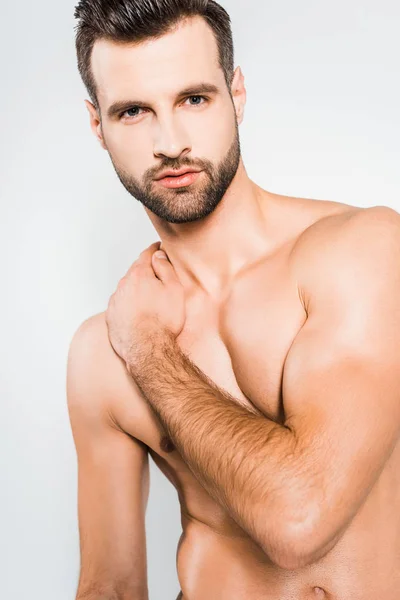 Sem Camisa Bonito Barbudo Homem Posando Isolado Cinza — Fotografia de Stock