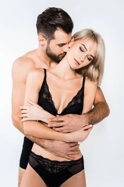 Beautiful Tender Couple Black Underwear Embracing Isolated Grey — Stock Photo, Image