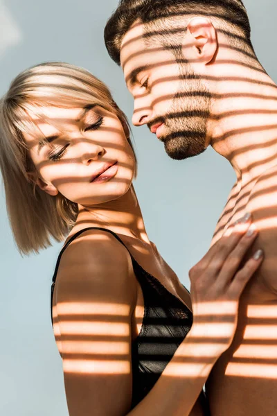 Seductive Couple Hugging Isolated Grey Shadows — Stock Photo, Image